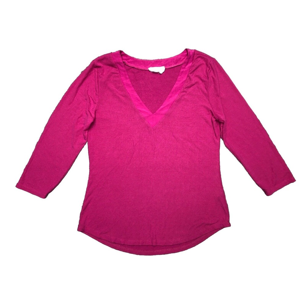 Anthropologie Women's L Ribbed V Neck Long‎ Sleeve Shirt Stretch Pink
